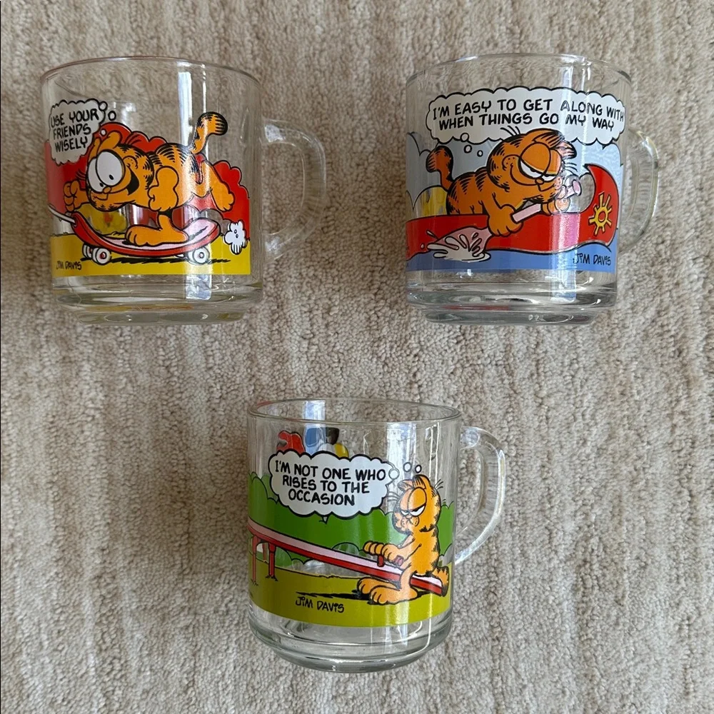 Set 3 McDonalds Garfield 1978 Clear Glass Mugs Cups Jim Davis Vintage McDonalds - Picture 1 of 16